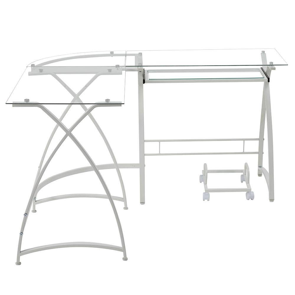 White L-Shaped Glass Computer Desk with Keyboard Tray