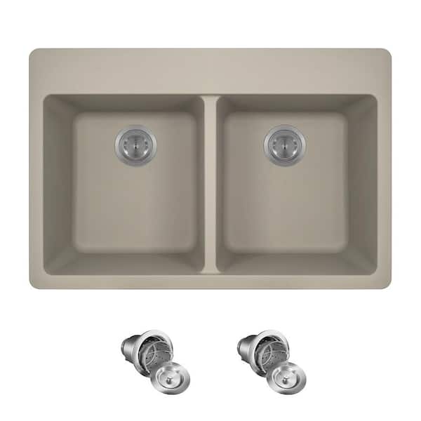 MR Direct Slate Quartz Granite 33 in. Double Bowl Drop-In Kitchen Sink with Strainers