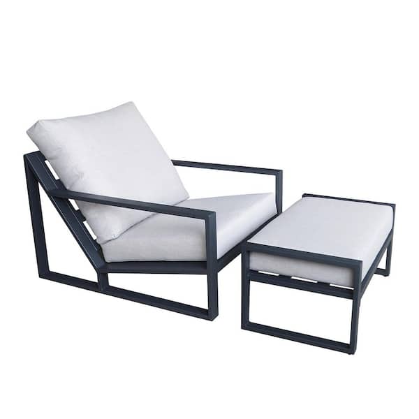 Aluminum Gray Outdoor Lounge Chair with Cushions and Ottoman, Waterproof Fabric Soft Cushions