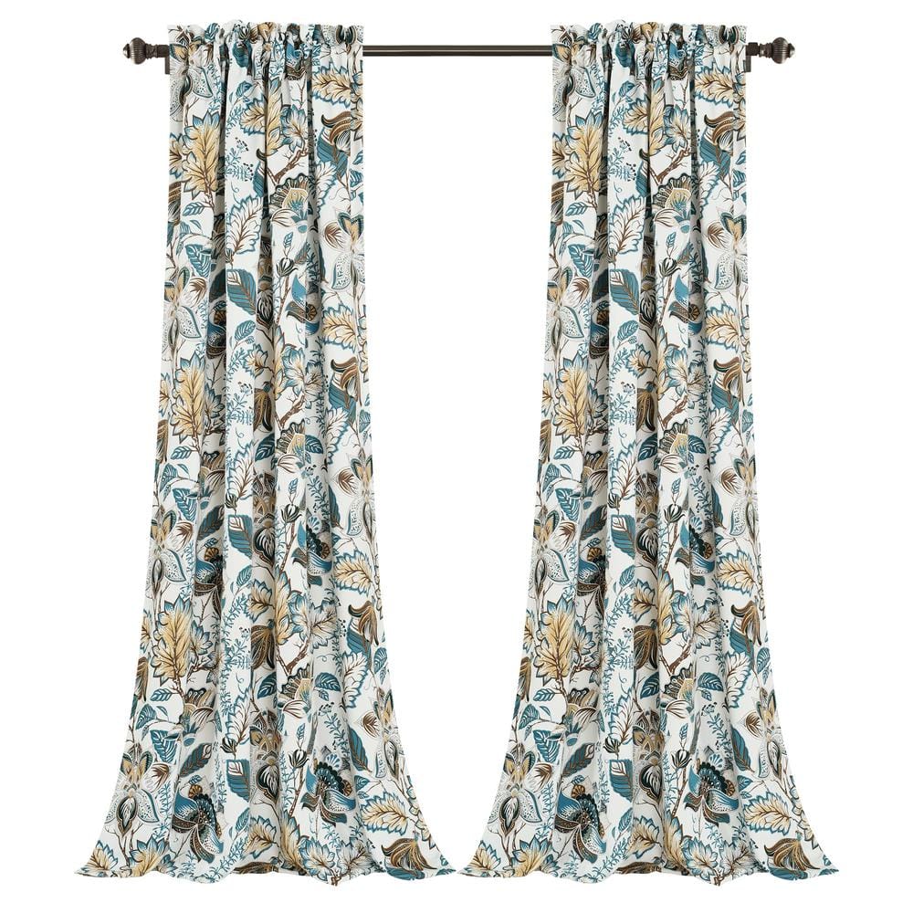 Turquoise/Neutral Floral Rod Pocket Room Darkening Curtain - 52 in. W x 95 