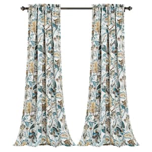 Turquoise/Neutral Floral Rod Pocket Room Darkening Curtain - 52 in. W x 95 in. L (Set of 2)