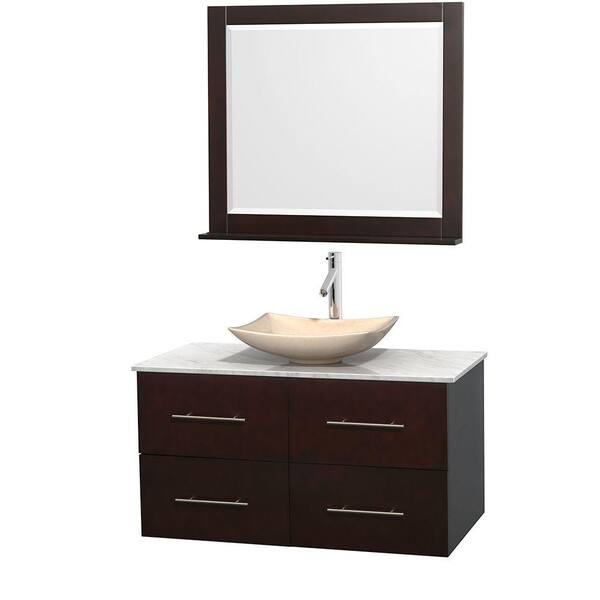 Wyndham Collection Centra 42 in. Vanity in Espresso with Marble Vanity Top in Carrara White, Ivory Marble Sink and 36 in. Mirror