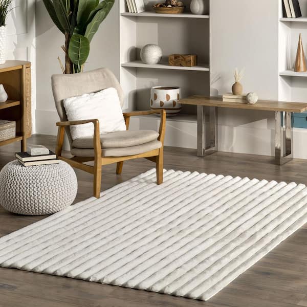 Kai Stripe Faux Rabbit Machine Washable White 5 ft. x 8 ft. Area Rug