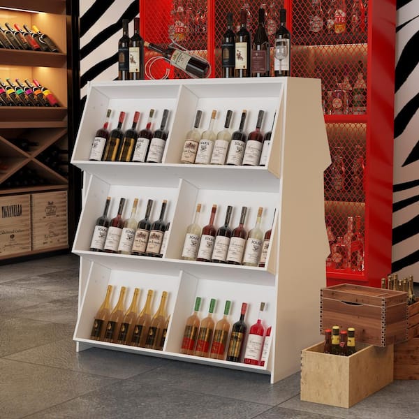 39.4 in. W Wood Wine Rack, 12-Display Rack with Tabletop, 48-Bottle Wine Bar Cabinet with Storage Racks, White