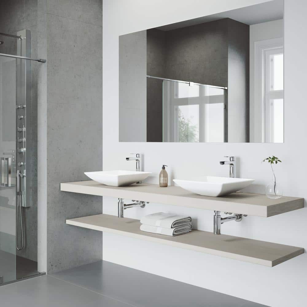 Modern Square Above-Counter Stone Bathroom Sink in White with Faucet
