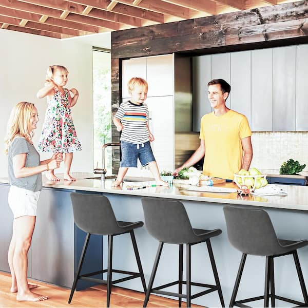 35 in. Gray 24 in. Low Back Metal Frame Cushioned Counter Height Bar Stool with Faux Leather Seat Set of 3