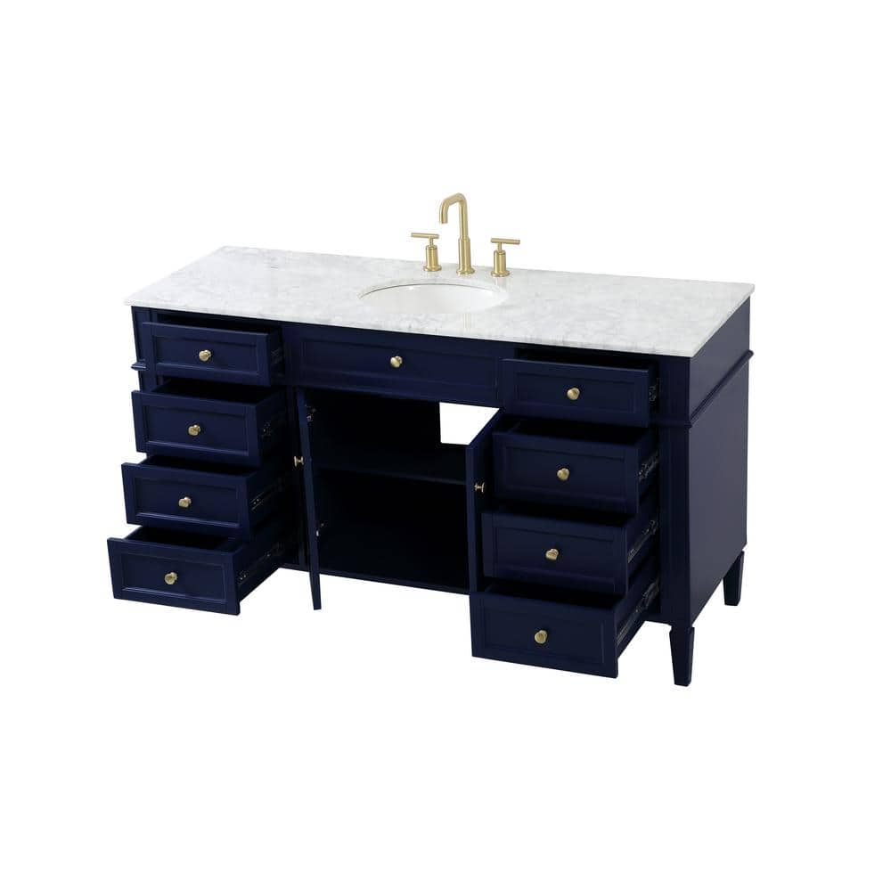 Blue Solid Wood MDF Marble Single Bathroom Vanity with Brushed Gold Hardware