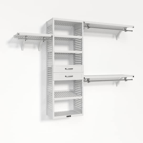 72 in. W - 120 in. W White Walk in with 2 Shaker Style Drawers 16 in. Shelf Wood Closet System