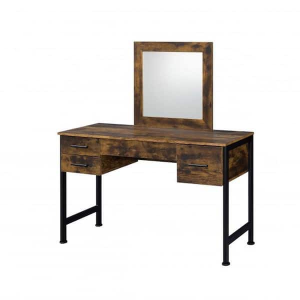 Benjara 1-Piece Brown and Black Makeup Vanity Desk with 4 Drawers and Square Mirror