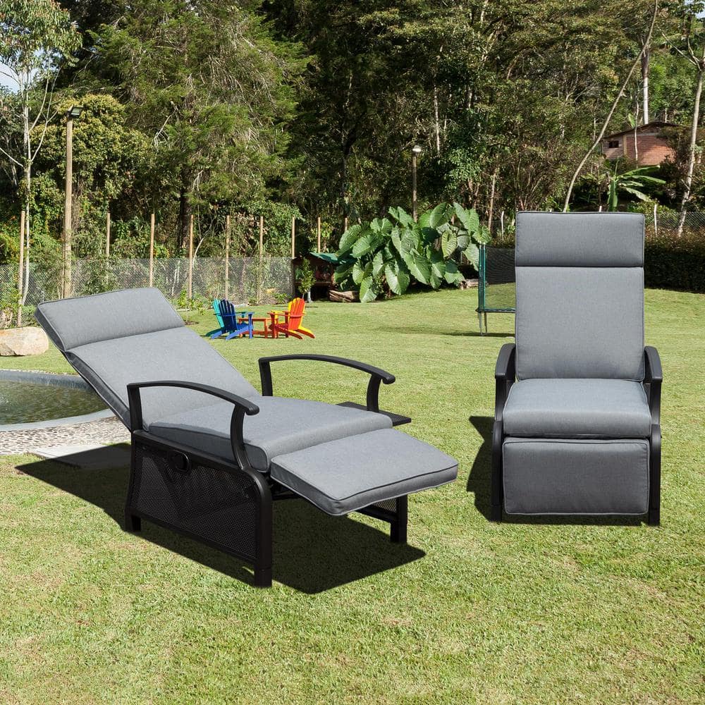 Metal Outdoor Adjustable Recliner, Patio Lounge Chair with Flip Table and R