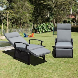 Metal Outdoor Adjustable Recliner, Patio Lounge Chair with Flip Table and Removable Gray Cushions for Garden, Poolside