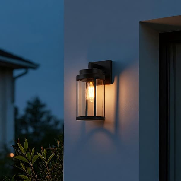 13.63 in. Painted Black Outdoor Wall Sconces Lantern with Glass Shades
