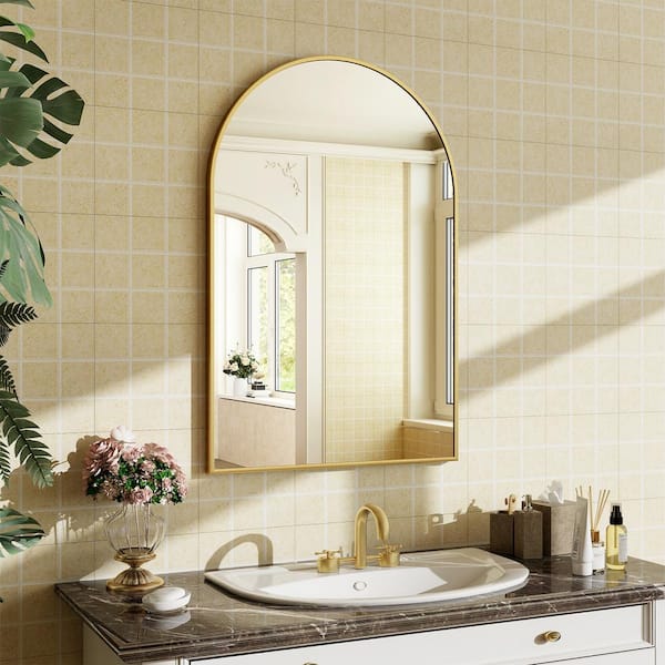 24 in. W x 36 in. H Arched Metal Framed Wall Bathroom Vanity Mirror Gold