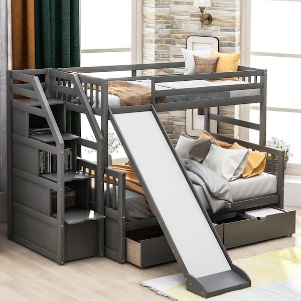 Harper Bright Designs Gray Twin Over, Twin Over Full Bunk Bed With Desk And Drawers