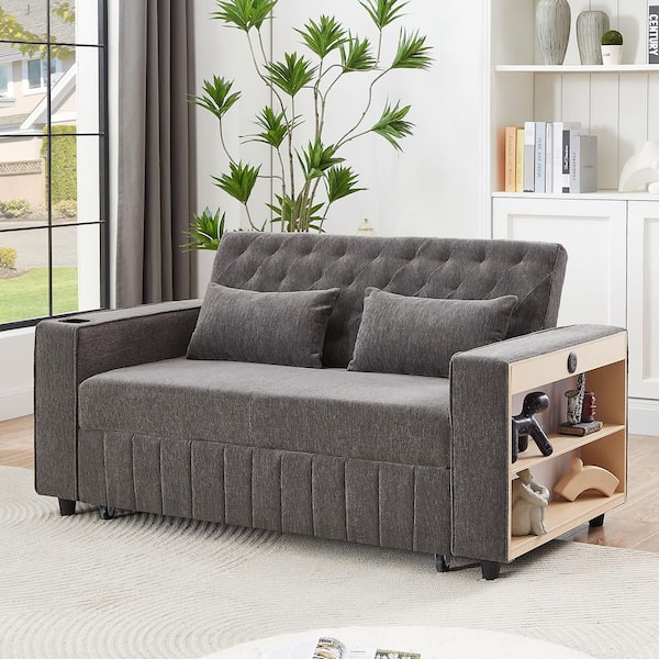 Luxury 61.41 in. W Gray Chenille 2-Seater Loveseat with Storage Rack and Charging Station