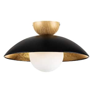 Paquette 14.5 in. 1-Light Black/Gold Leaf Wood Dome Bowl Opal Glass Bubble Semi-Flush Mount Light with Opal Glass Globe