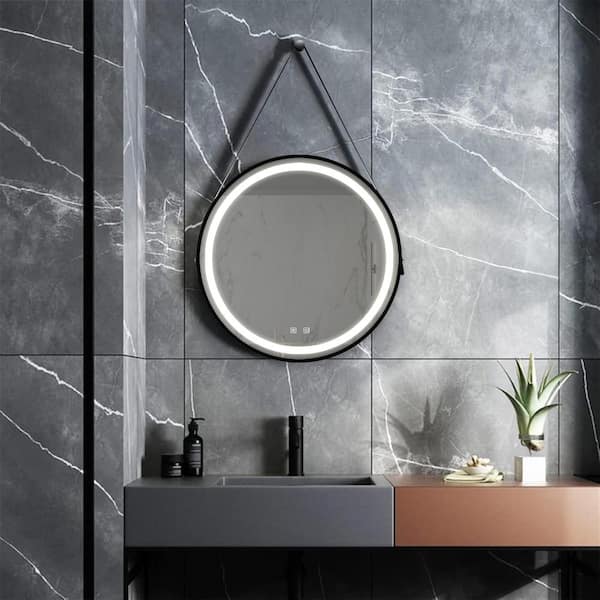 32 in. W x 32 in. H Round Black Frame Wall Mounted Led Classy Bathroom Vanity Mirror in Silver with Dimmable Touch