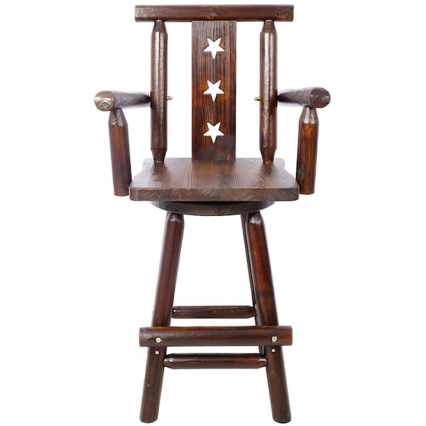 Rustic Bar Stool, Fir Wood Construction, Chair with Decorative Star Backrest, Footrest, Wide Armrest, Tall Bistro Chair