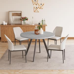 5-Piece Gray Round Dining Table Set MDF Dining Table with 4 White Dining Chairs