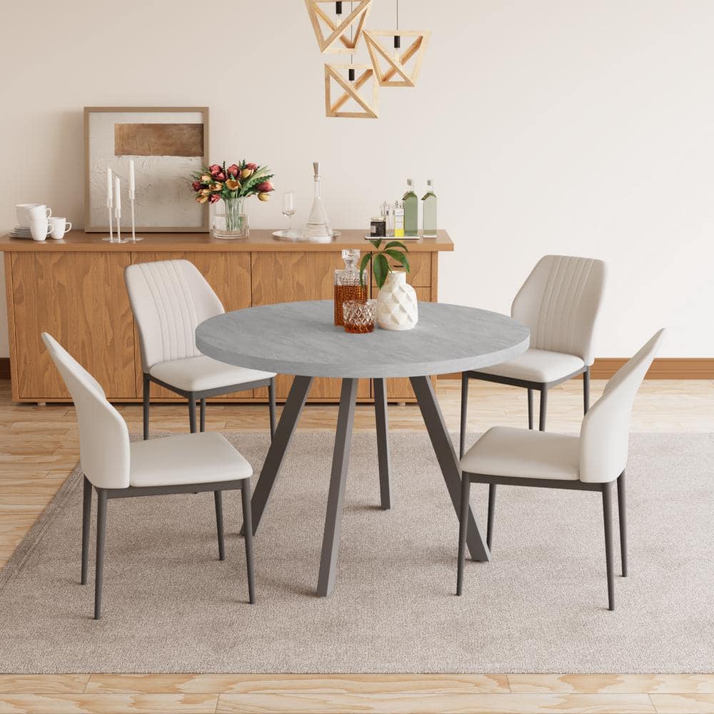 5-Piece Gray Round Dining Table Set MDF Dining Table with 4 White Dining Chairs -  GOJANE, W28638618LWY