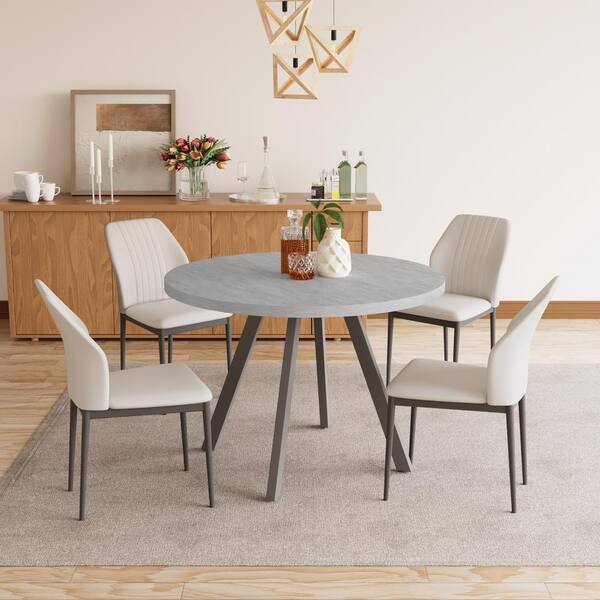 GOJANE 5 Piece Gray Round Dining Table Set MDF Dining Table with 4 White Dining Chairs W28638618LWY The Home Depot