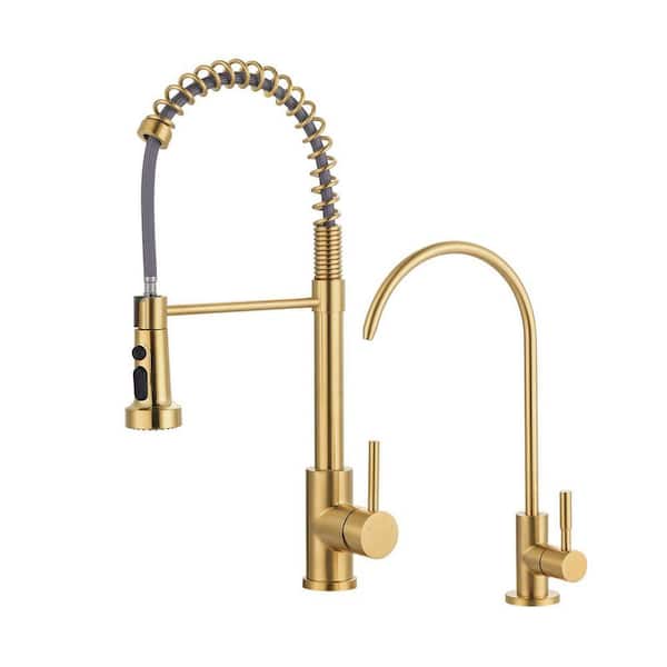 Single Handle Pull-Down Sprayer Kitchen Faucet, Kitchen Faucet with Direct Drinking Water Faucet in Brushed Gold