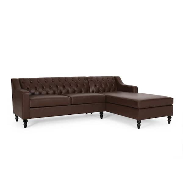 Noble House Derudder 97 in. 2-Piece Faux Leather Dark Brown Tufted Chaise Sectional