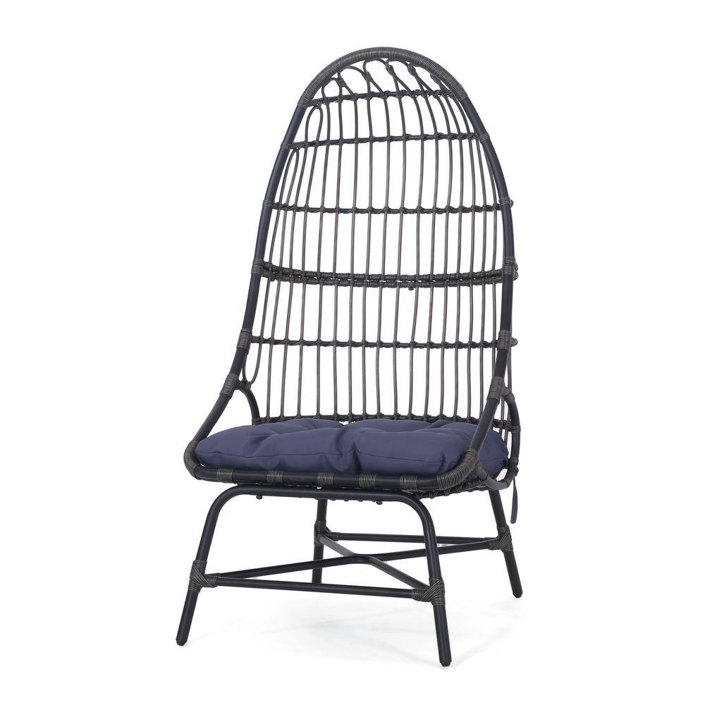 Gray Wicker Outdoor Chaise Lounge Basket Chair with Blue Water Resistant Cu