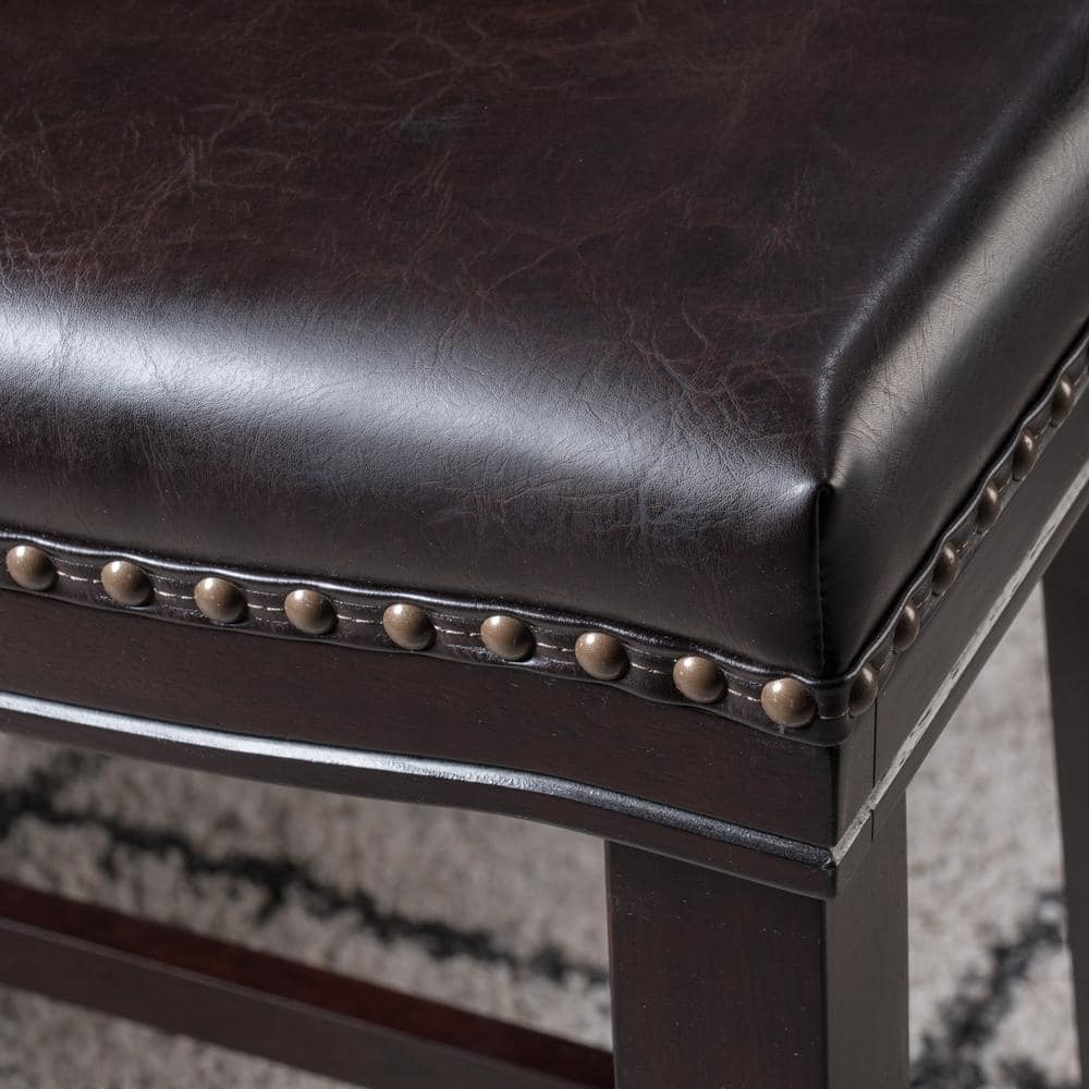 Brown Wood Saddle Counter Stools with Dark Brown Upholstered Seat, Set of 2
