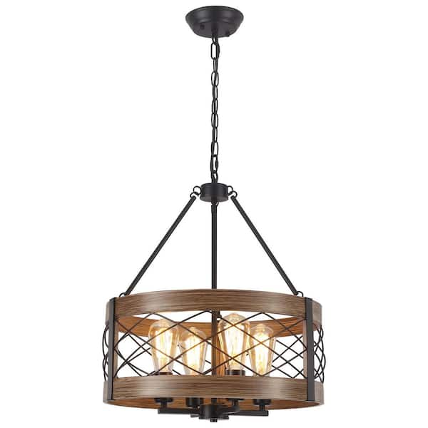17.72 in. 5-Light Matte Black/Wood Grain Pendant Drum Design Chandelier with Metal Shade and No Bulbs Included for Foyer