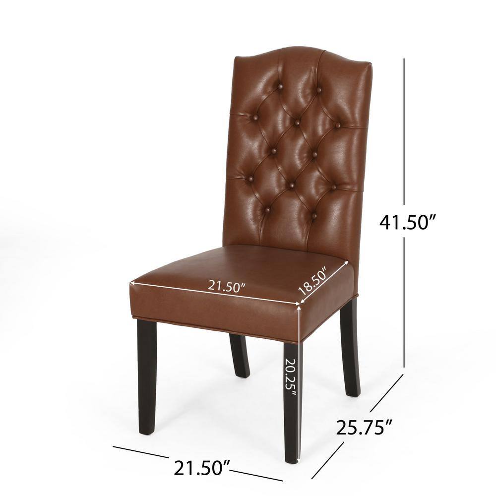 Set of 2 Cognac Brown Faux Leather High-Back Wood Dining Chairs
