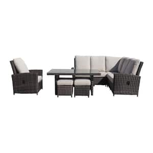 Cheshire 7-Piece Aluminum Chow Dining Recline Sectional Set with Club Chair and Ottomans with Cream Cushions
