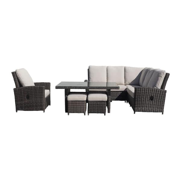 Courtyard Casual Cheshire 7-Piece Aluminum Chow Dining Recline Sectional Set with Club Chair and Ottomans with Cream Cushions