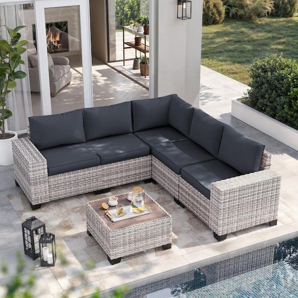 6-Piece Wicker Outdoor Sectional Set Sofa Couch with Dark Grey Cushions