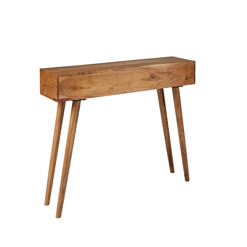 Natural Brown Acacia Wood Rectangular Console Table with Storage
