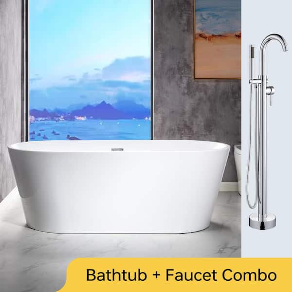 WOODBRIDGE 67 in. L x 31.5 in.W Acrylic Flat Bottom Soaking Bathtub in White with Polished Chrome Drain and Tub Filler