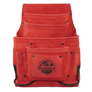 10-Pocket Red Suede Leather Nail and Tool Pouch w/2 Hammer Holders