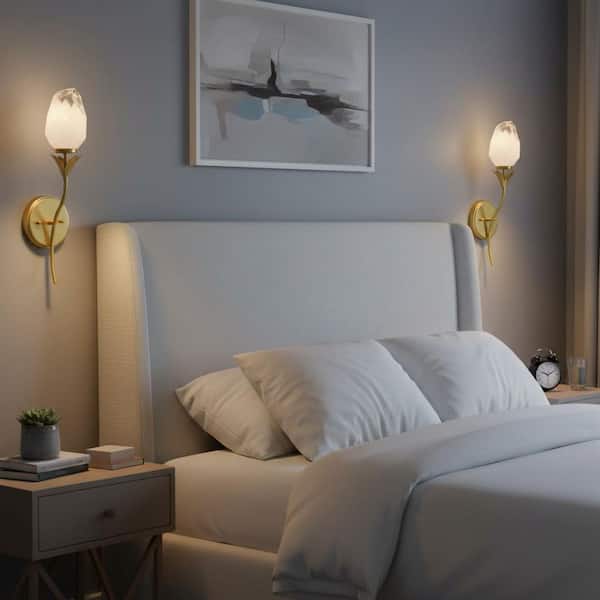6 in. 1-Light Gold Wireless Dimmable Wall Sconce with Flower Art Glass Shade for Bedroom Living Room, 2-Pack