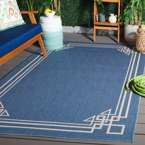 Courtyard Blue/Light Beige 7 ft. x 10 ft. Solid Geometric Border Indoor/Outdoor Area Rug