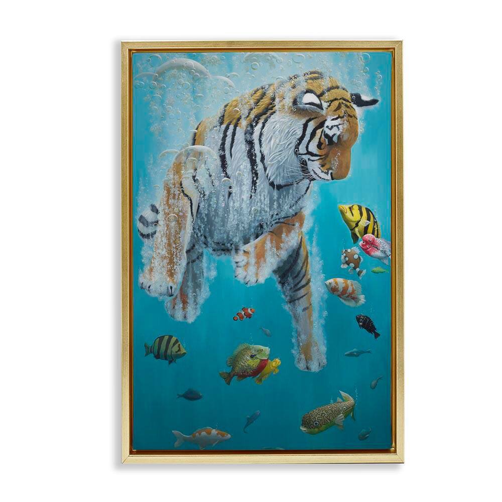 Swimming Tiger Among Fish by Heather Gauthier Gold Floater Frame Animal Graphic Art Print 31 in. x 21 in. price history on PriceWatchPro