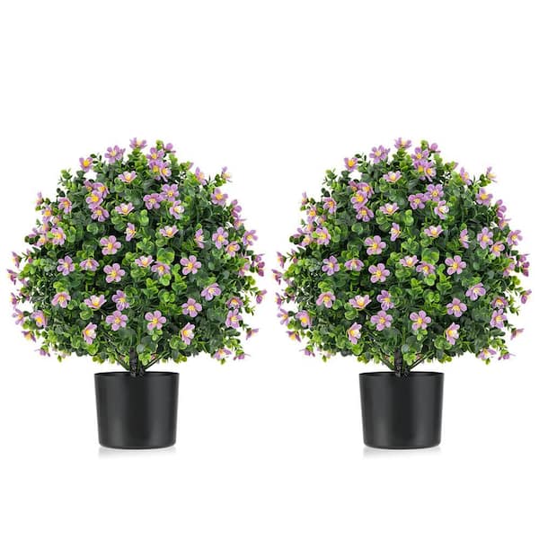 2 Pack 1.8 ft. Artificial Boxwaood Topiary Ball Tree Faux Shrub Bushes with Flowers Purple