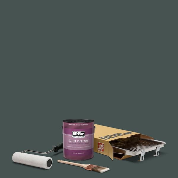 BEHR 1 gal. #MQ6-44 Black Evergreen Extra Durable Eggshell Enamel Interior Paint & 5-Piece Wooster Set All-in-One Project Kit