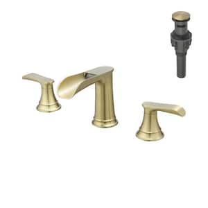 Waterfall Double Handle 3-Hole 8 in. Widespread Bathroom Faucet with Pop Up Drain in Brushed Gold