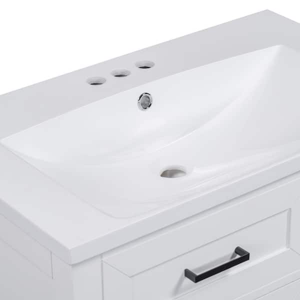 30 in. W Solid Wood Frame Bath Vanity in White with White Ceramic Top, 3-Drawers, Storage Rack