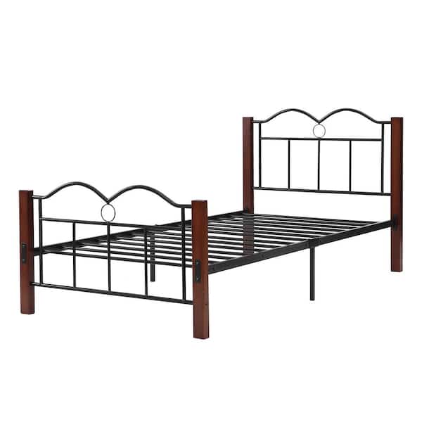 Platform Bed Metal Frame, Complete Twin Metal Bed With Headboard Footboard And Mahogany Wood Posts