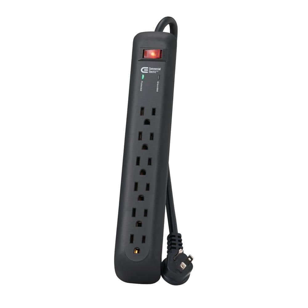 Commercial Electric 8 ft. 6-Outlet Surge Protector with 45 Degree Flat Angle Plug, Black YLPT-43B - The Home Depot