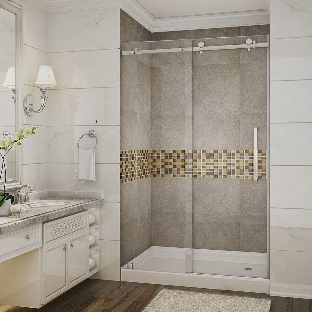 Moselle 48 in. x 77.5 in. Completely Frameless Sliding Shower Door with Base and Right Drain in Chrome price history on PriceWatchPro