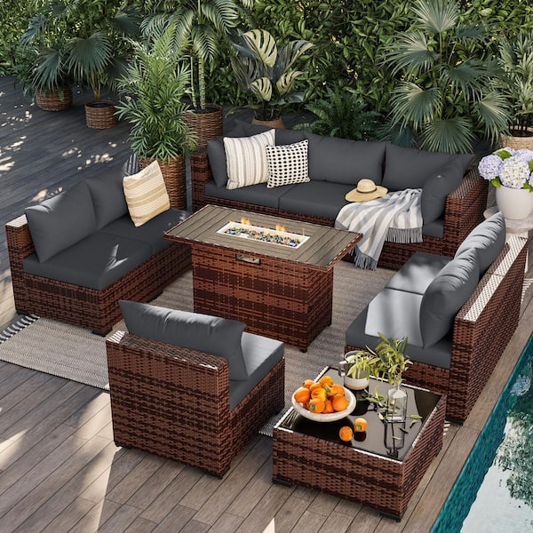 Brown 10-Piece Wicker Sofa Set, Outdoor Seating Group with Gray Cushions & Firepit