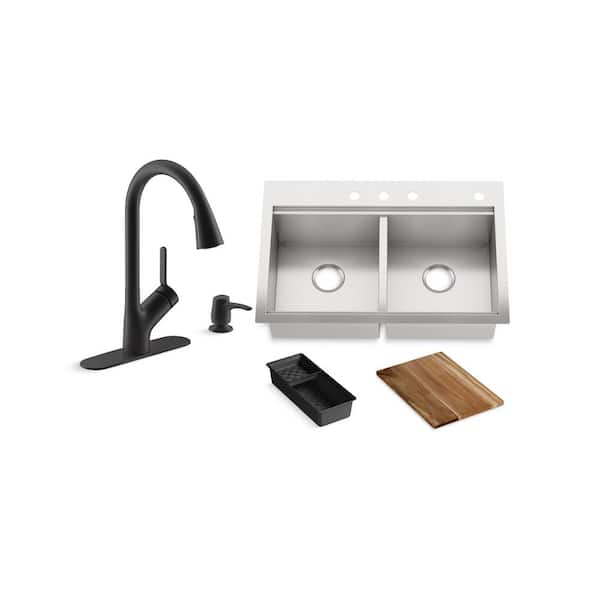 KOHLER Lyric Workstation 33 in. Dual Mount Stainless Steel Double Bowl Kitchen Sink with Setra Touchless Kitchen Faucet