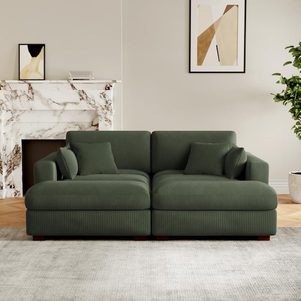 84 in. Modern Square Arm Corduroy Upholstered Sectional Sofa in Green with 2-Square Pillows
